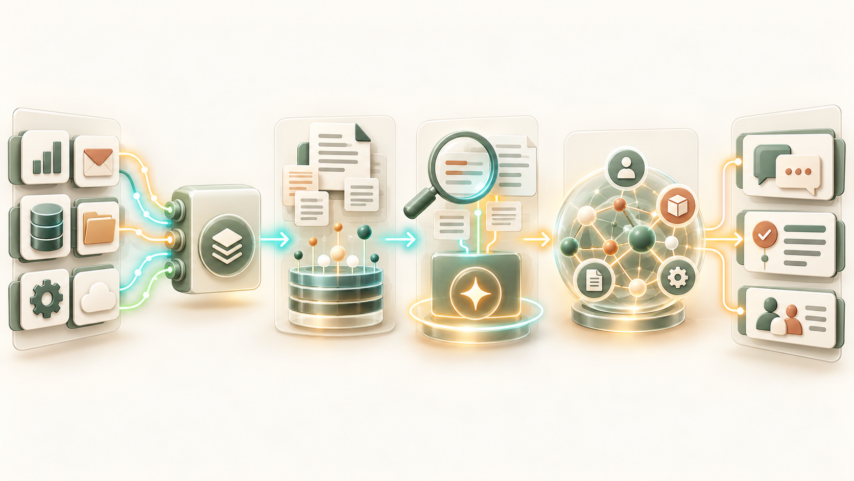 Workflow from company data sources through search and AI knowledge graph to helpful answers
