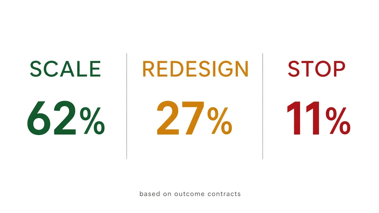 Close up of scale redesign and stop decisions based on outcome contracts at 62, 27 and 11 percent