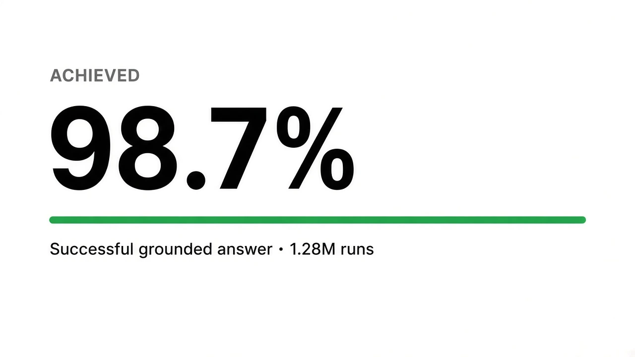 Close up of 98.7 percent achieved for a successful grounded answer across 1.28 million runs