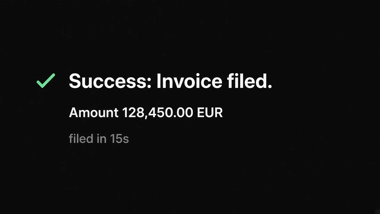 Close up of successful invoice filing for 128,450.00 EUR completed in 15 seconds