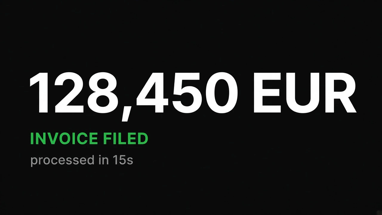 Close up of invoice filed for 128,450 EUR processed in 15 seconds